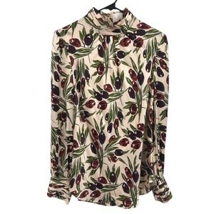 Cinq a Sept Silk Floral Mock Neck Blouse M/L Draped Open Back Parisian Romantic